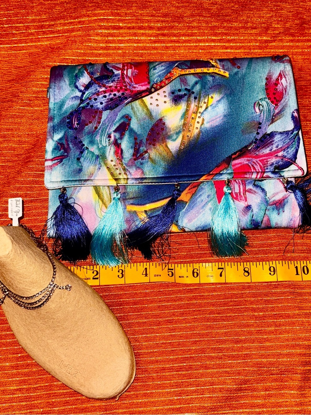 Colorful Feather Tassel Clutch Bag - Multicolor paired with Rhinestone Anklet